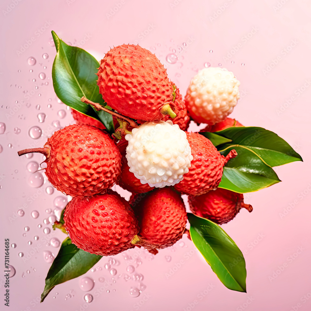 Litchi and peeled lychees ice cubes splashing juice Litchi and peeled lychees ice cubes splashing juice
