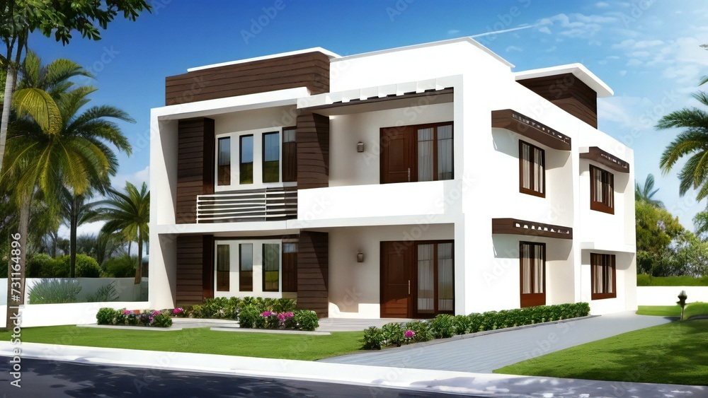 3d house model rendering on white background, Clean and precise 3D illustration modern cozy house. Concept for real estate or property.