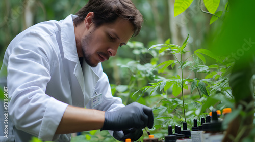 Ethnobotanical research in the Amazon, a scientist collecting plant samples for medicinal studies photo