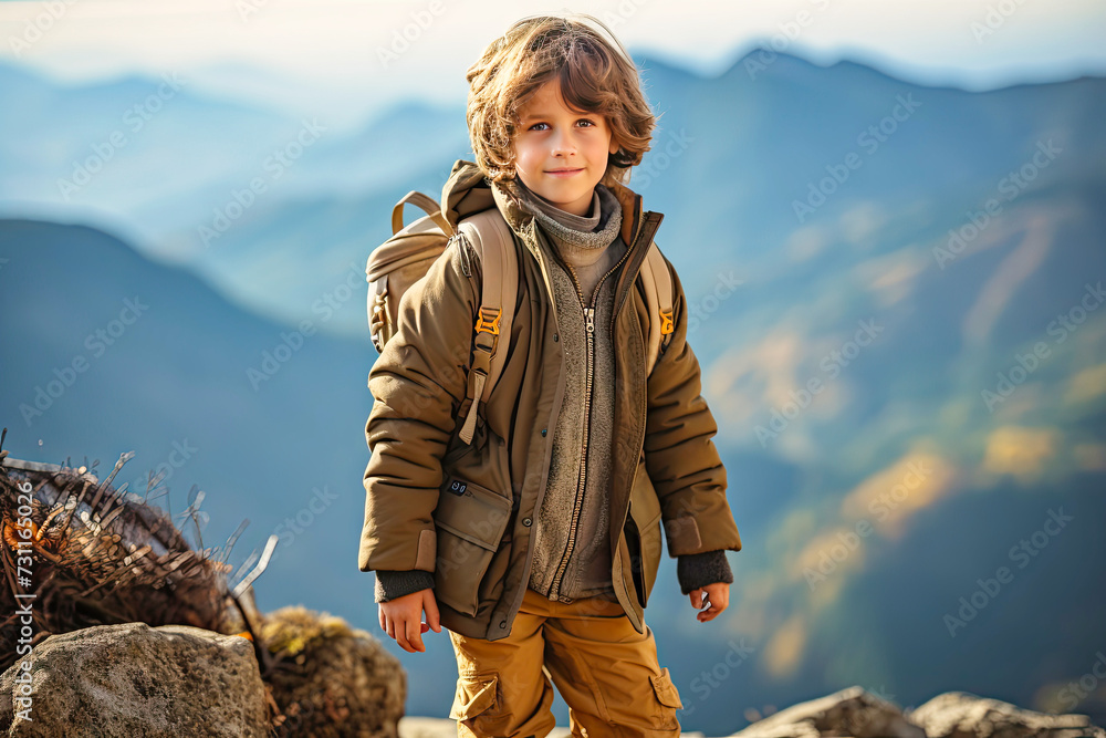 a 10-year-old boy on a stone in the forest