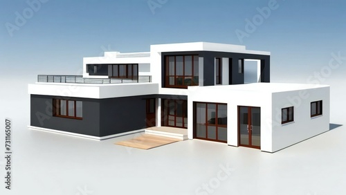 Modern house, 3D rendering, contemporary architecture, white and black exterior, flat roof design