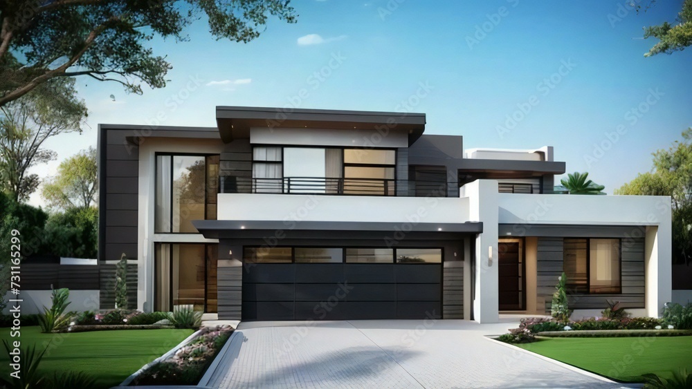 Fototapeta premium 3d house model rendering on white background, Clean and precise 3D illustration modern cozy house. Concept for real estate or property.