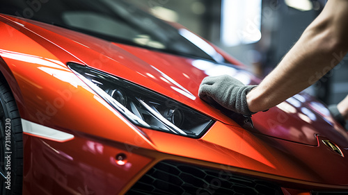 Man worker of car detailing studio removing scratches on car varnish. Luxury car. Selective focus.  © BlazingDesigns