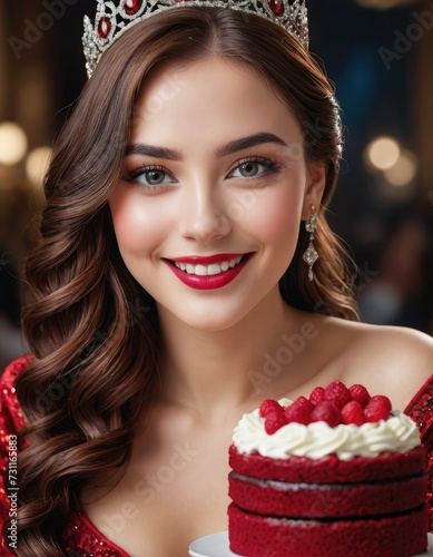 Indulgent Allure: Young Woman Radiates Opulence in High-Fashion Red Velvet