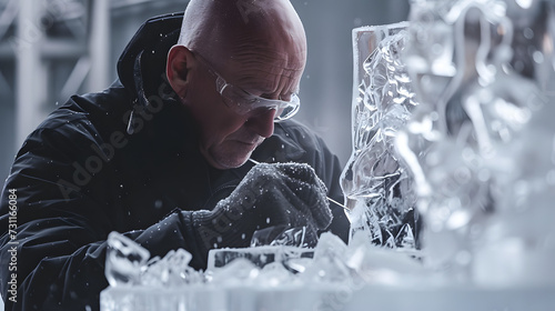 Ice sculpting competition in winter, artists carving intricate figures from blocks of ice under the clear, cold daylight