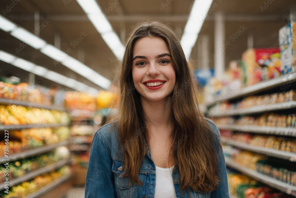 Happy young women in the grocery store