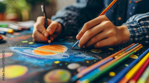 A children's science book, an young artist sketching colorful illustrations of space exploration