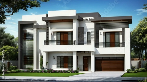 3d house model rendering on white background, Clean and precise 3D illustration modern cozy house. Concept for real estate or property.