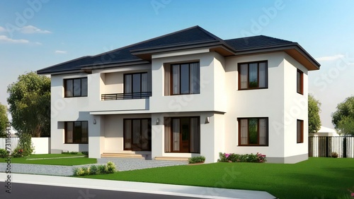 3d house model rendering on white background, Clean and precise 3D illustration modern cozy house. Concept for real estate or property. © samsul