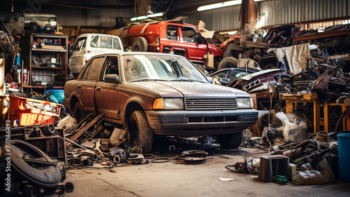 Lots of junk cars and parts on the shop being piled up. Car recycling.   © BlazingDesigns