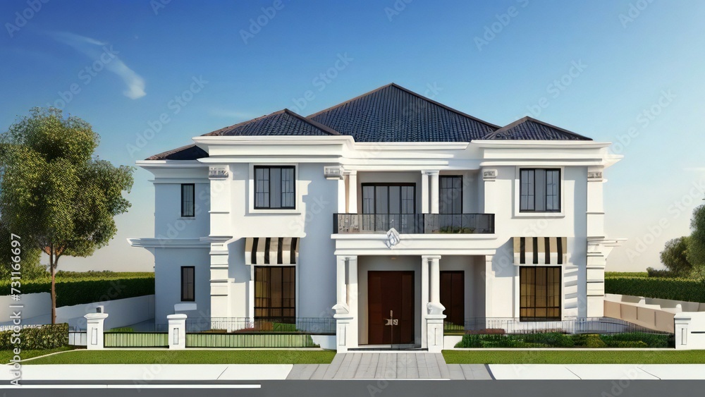 3d house model rendering on white background, Clean and precise 3D illustration modern cozy house. Concept for real estate or property.