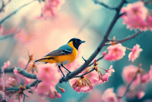 a bird perched on the branch of a cherry flower tree Generative AI © SKIMP Art