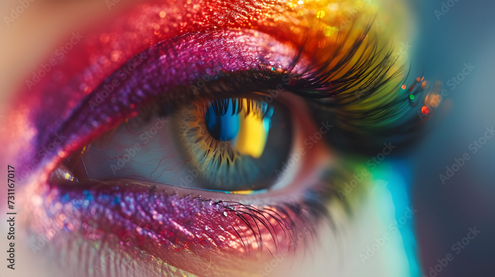 Macro shot of a human eye adorned with a rainbow of eyeshadow colors, emphasizing bold makeup artistry Macro shot of a human eye adorned with a rainbow of eyeshadow colors, emphasizing bold makeup artistry
