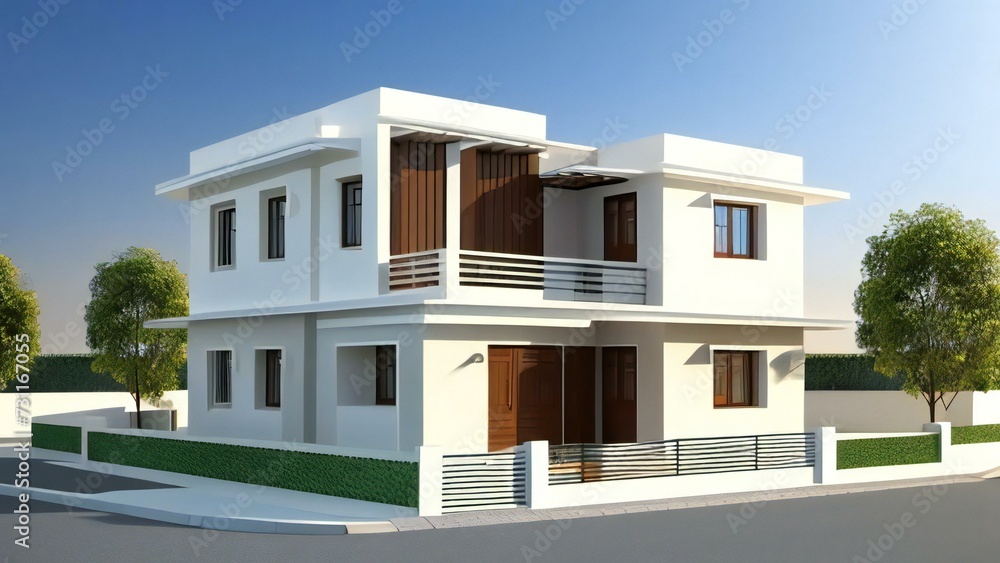 3d house model rendering on white background, Clean and precise 3D illustration modern cozy house. Concept for real estate or property.