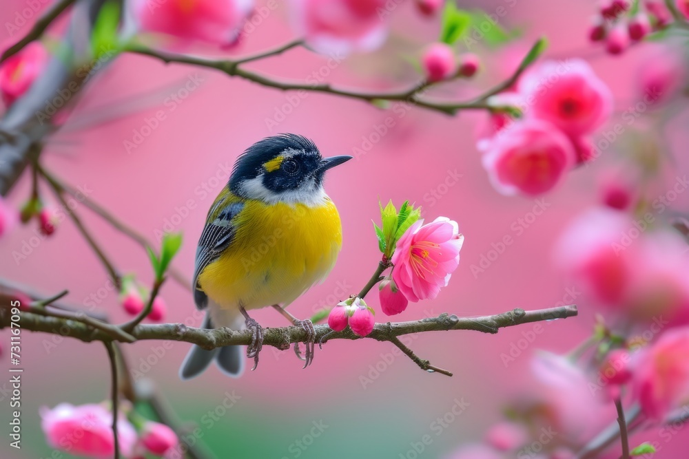 small bird on branches with pink blossoms Generative AI small bird on branches with pink blossoms Generative AI