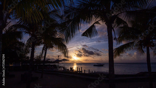 Beautiful sunset in Pereybere  Mauritius  Indian Ocean  palm trees on beach