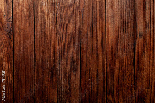 Vintage brown wood background texture with knots and nail holes. Old painted wood wall. Brown abstract background. Vintage wooden dark horizontal boards. Front view with copy space