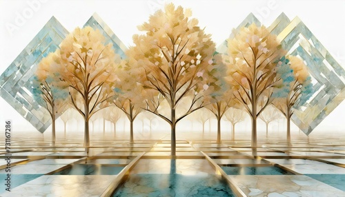 Trójwymiarowa, abstrakcyjna przestrzeń w kolorze brązu, złota. Ogród, park z chodnikiem i drzewami