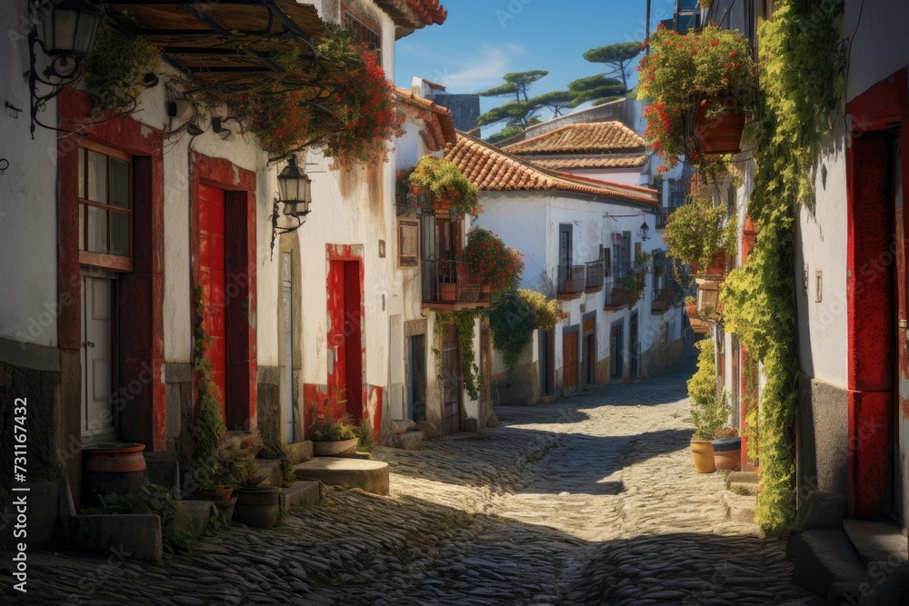 A charming cobblestone street lined with an array of flourishing potted plants, creating a delightful backdrop, Quaint houses and narrow streets of a Portuguese village, AI Generated