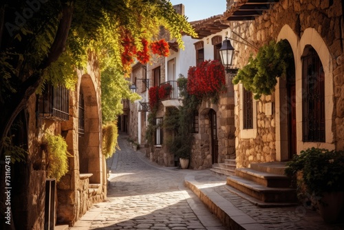Explore the charming ambiance of a historic cobblestone street enclosed by elegant stone buildings, Quaint cobblestone street in a historic town, AI Generated