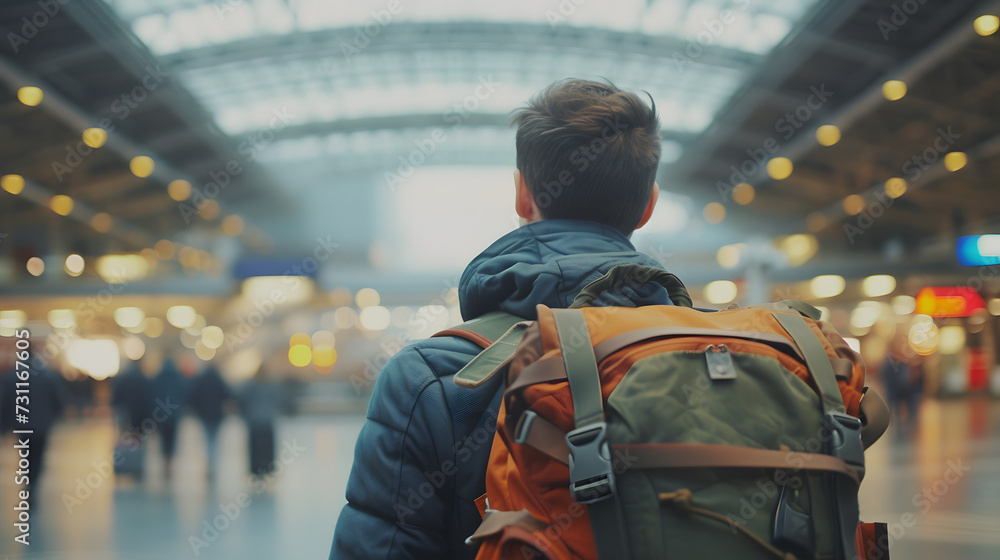 Man patiently waiting to check in at the airport, backpack in tow, capturing the anticipation of new adventures Man patiently waiting to check in at the airport, backpack in tow, capturing the anticipation of new adventures