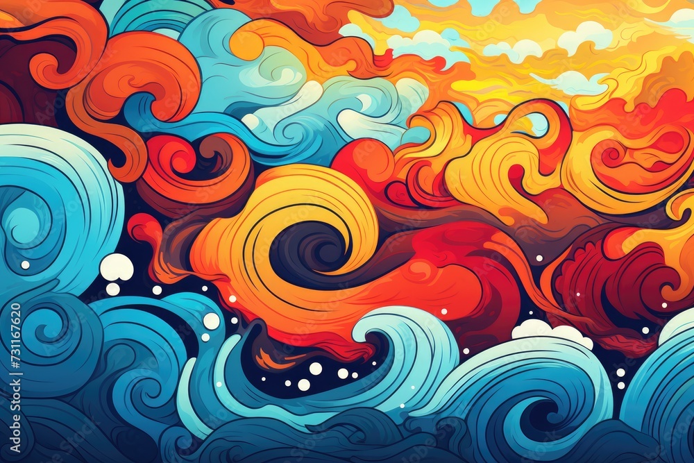 A captivating painting depicting the beauty of waves, clouds, and sunset in a tranquil yet dynamic natural scene, Psychedelic swirls and waves, AI Generated A captivating painting depicting the beauty of waves, clouds, and sunset in a tranquil yet dynamic natural scene, Psychedelic swirls and waves, AI Generated
