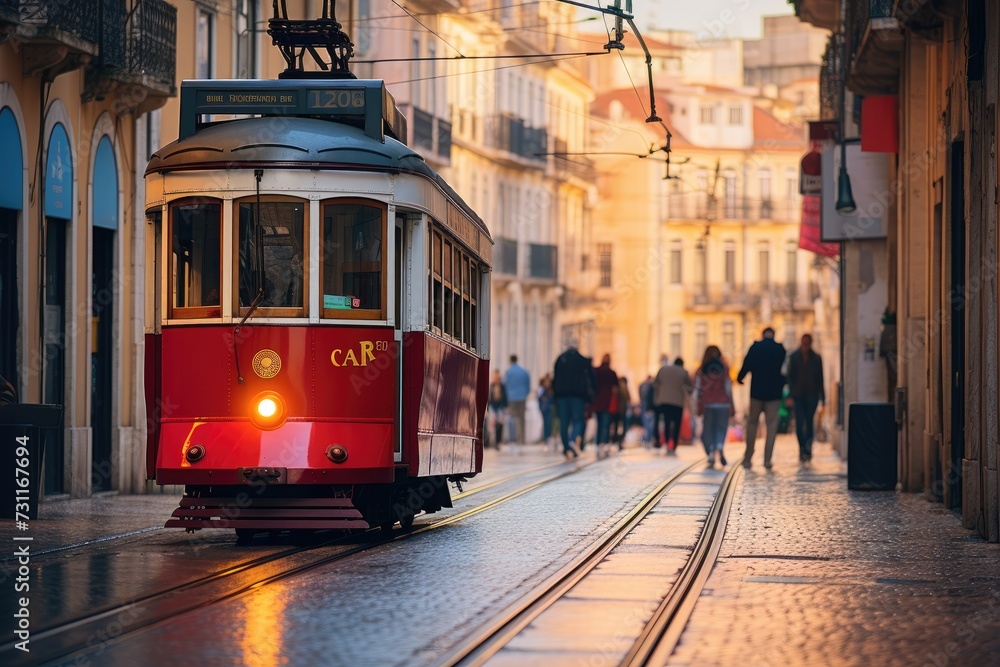 A vibrant red trolley car moves along a bustling street surrounded by towering buildings, Public trams in the streets of Lisbon, AI Generated
