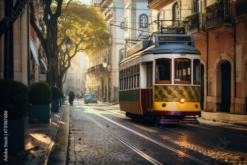 An image of a trolley car navigating a bustling city street filled with pedestrians and cars, Public trams in the streets of Lisbon, AI Generated