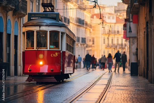 A vibrant red trolley car moves along a bustling street surrounded by towering buildings, Public trams in the streets of Lisbon, AI Generated