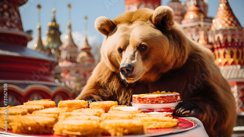 A bear eats pancakes on Red Square in Moscow, Russia.