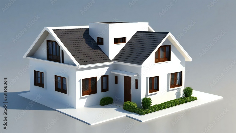 3d house model rendering on white background, Clean and precise 3D illustration modern cozy house. Concept for real estate or property.