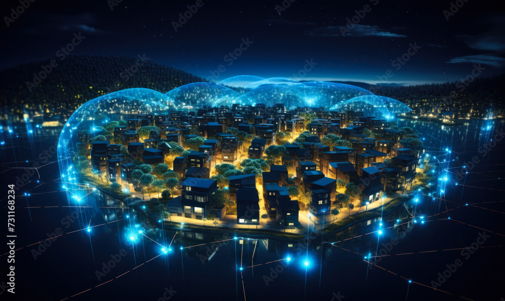 Fototapeta premium Smart City Concept with Digital Network Over Residential Area, Futuristic Urban Landscape with Connected Homes and Advanced Technology Infrastructure