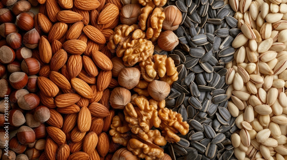 Assorted nuts and seeds in a hyper-realistic stock image. Variety of almonds, walnuts, sunflower seeds. Crisp, detailed, and aesthetically pleasing. Unique shapes, colors, and textures Assorted nuts and seeds in a hyper-realistic stock image. Variety of almonds, walnuts, sunflower seeds. Crisp, detailed, and aesthetically pleasing. Unique shapes, colors, and textures