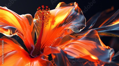 Witness the beacon-like glow of a sunset orange hibiscus, its torchlit center a vibrant highlight in extreme macro.. photo