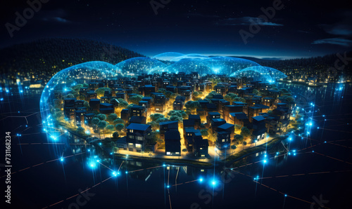 Smart City Concept with Digital Network Over Residential Area  Futuristic Urban Landscape with Connected Homes and Advanced Technology Infrastructure