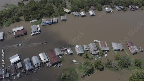 Aerial view of the floating community of Catalão, Rio Negro, Manaus. The communities of the Brazilian Amazon have developed their own architecture for floating constructions. Amazonas, Brazil