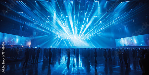 Futuristic Concert Hall with Vibrant Blue Laser Lights and Silhouettes of People Gathered for a High-Tech Performance or Corporate Event