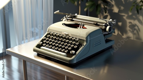 Vintage typewriter on sleek modern desk with pristine condition. Meticulous detail and intricate mechanical components. Minimalist design with polished steel and glass desk. Timeless elegance
