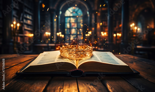 Enchanting open book on a wooden table with a mystical glow, in a vintage library setting, inviting a magical journey through literature