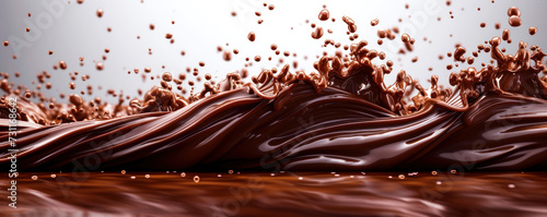 Silky smooth chocolate waves and splashes, rich and glossy, flowing in an elegant dynamic movement, perfect for luxurious dessert backgrounds