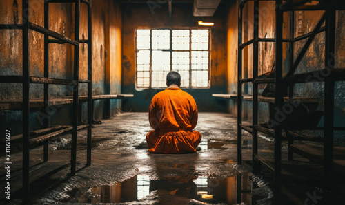 Incarcerated person in orange jumpsuit sitting alone in a bleak prison cell, gazing out of the barred window, evoking themes of confinement and introspection photo