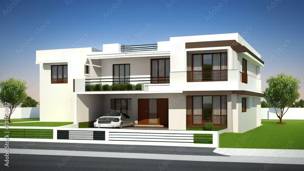 3d house model rendering on white background, Clean and precise 3D illustration modern cozy house. Concept for real estate or property.