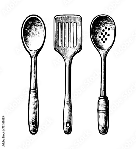 Kitchen utensils. Vector hand drawn rustic wooden kitchenware set of spoon, dotted spoon and spatula. Elements for your logo, advertisement, menu, cafe, banner or flyers. 