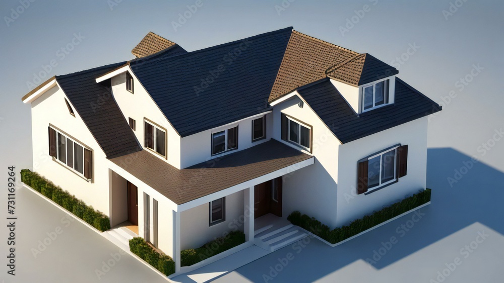 3d house model rendering on white background, Clean and precise 3D illustration modern cozy house. Concept for real estate or property.