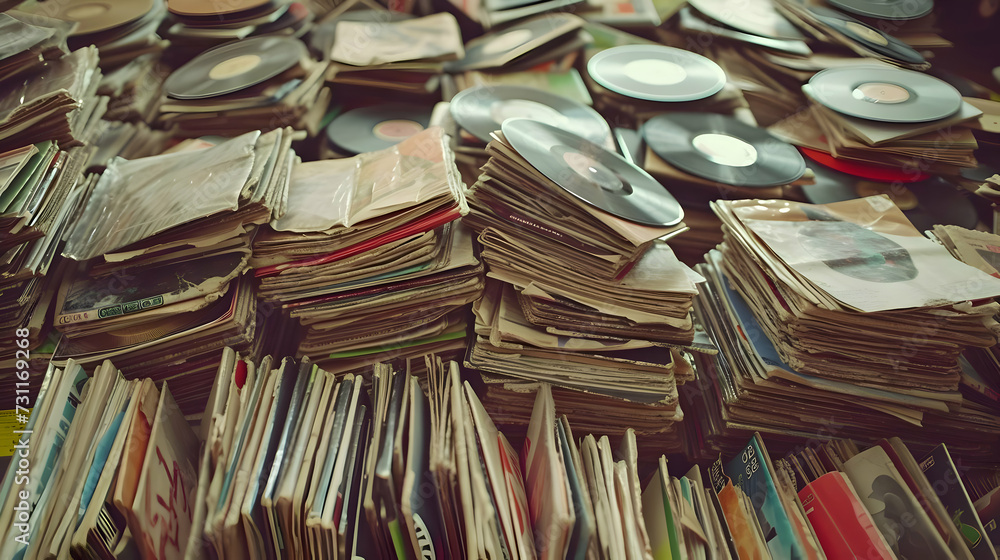Obraz premium Lots of a pile of many vintage vinyl records with old newspapers and magazine backgrounds. High-resolution