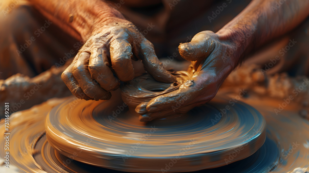 hands of a potter at work. artisanal craftsmanship, a potter's hands shaping clay on a wheel, focus on creativity and tradition