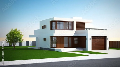 3d house model rendering on white background  Clean and precise 3D illustration modern cozy house. Concept for real estate or property.