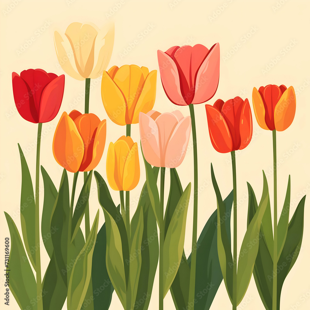 Flat stylish illustration lots of red, yellow and light tulip in line on yellow background. High-resolution