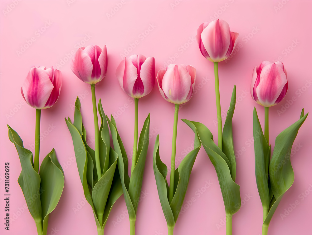 Fototapeta premium Cold pink tulips lying in the row. Romantic st Valentine's background. High quality