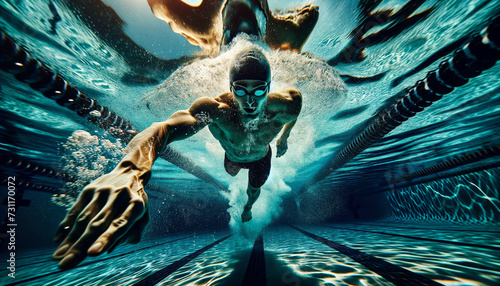 A powerful swimmer in mid-stroke plunges through the water in a pool, bubbles trailing behind, with light reflecting dynamically on the surface above.Sport concept. AI generated. photo